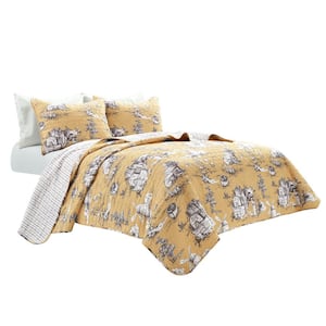 French Country Toile Cotton Reversible Quilt Yellow/GRAY 3Pc Set King