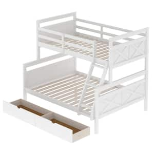 White Twin Over Full Bunk Bed with Two Storage Drawers and Ladder, Convertible Wood Kids Bunk Bed with Saferail