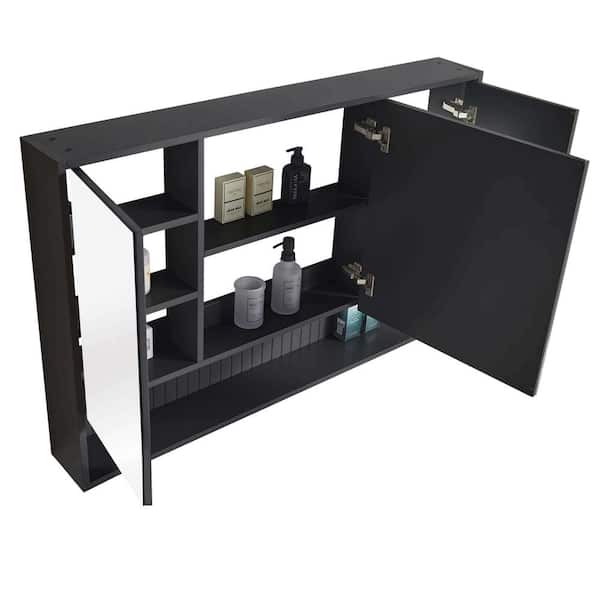 FINE FIXTURES Venezian 45.5 in. W x 29.5 in. H Small Rectangular Black Matte Wooden Surface Mount Medicine Cabinet with Mirror