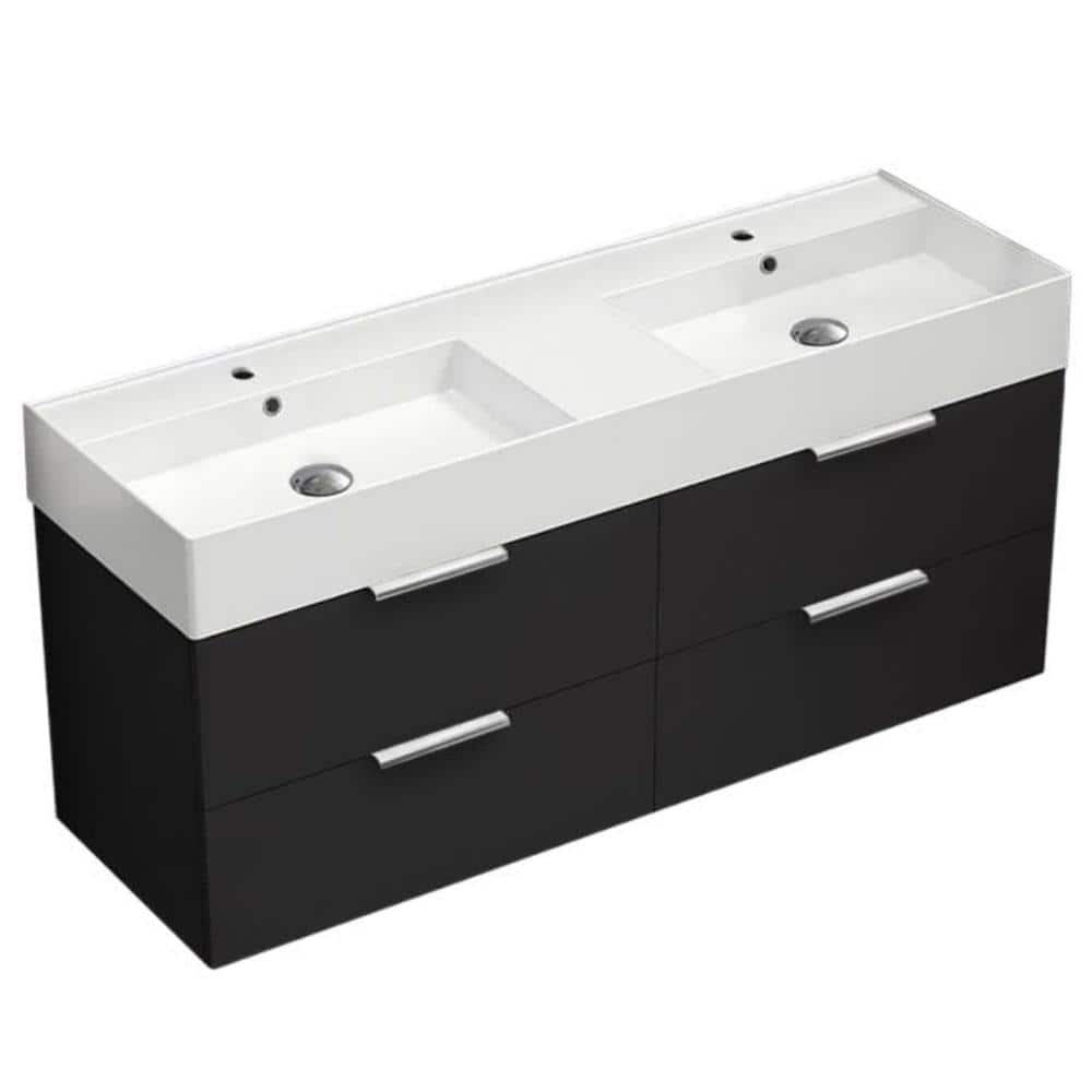 Derin 55.51 in. W x 18.11 in. D x 25.2 H Double Sinks Wall Mounted Bathroom Vanity in Matte Black with White Ceramic Top price history on PriceWatchPro