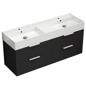Derin 55.51 in. W x 18.11 in. D x 25.2 H Double Sinks Wall Mounted Bathroom Vanity in Matte Black with White Ceramic Top