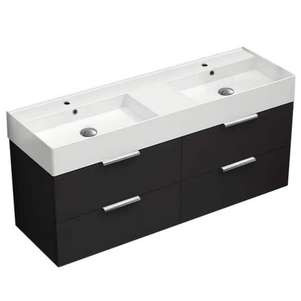 Nameeks Derin 55.51 in. W x 18.11 in. D x 25.2 H Double Sinks Wall Mounted Bathroom Vanity in Matte Black with White Ceramic Top