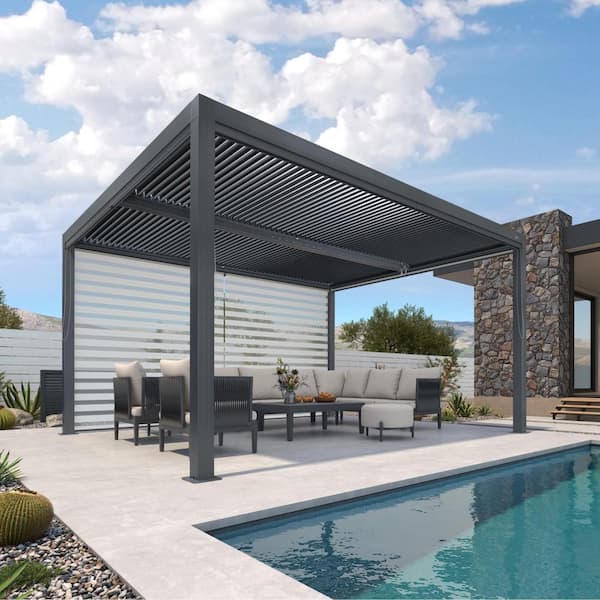11 ft. x 14 ft. Gray Aluminum Frame Louvered Pergola with Adjustable Sunshade Roofs and 1-Long Side Roller Shades