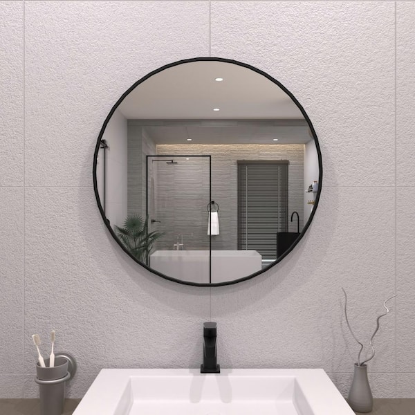 TaiMei 24 in. W. x 24 in. H Round Framed Wall Bathroom Vanity Mirror in Matte Black