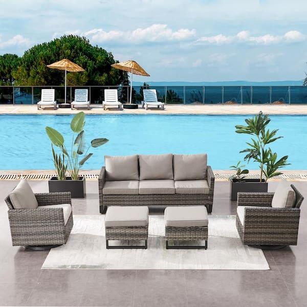 Pocassy 5-Piece Gray Wicker Patio Conversation Swivel Outdoor Rocking Chair Set Sectional Sofa with Beige Cushions