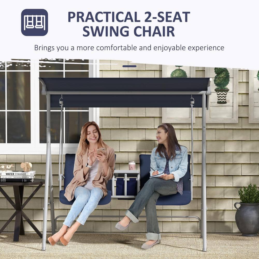 Dark Blue Metal 2-Person Porch Swing with Canopy and Cushions