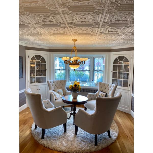Elizabethan Shield White Matte 2 ft. x 2 ft. PVC Glue Up or Lay in Faux Tin Ceiling Tile (300 sq. ft./Case)