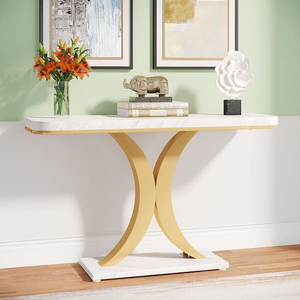 39.4 in. Faux Marble White Rectangle Engineered Wood Console Table for Entryway with Gold Base