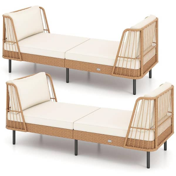 2PCS Patio Wicker Daybed w/Seat Back Cushions Robust Metal Legs For Backyard
