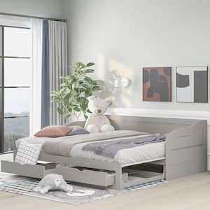 Gray Twin to King Daybed with Storage Drawers, Wood Extendable Daybed with Trundle, Kids Sofa Bed Frame