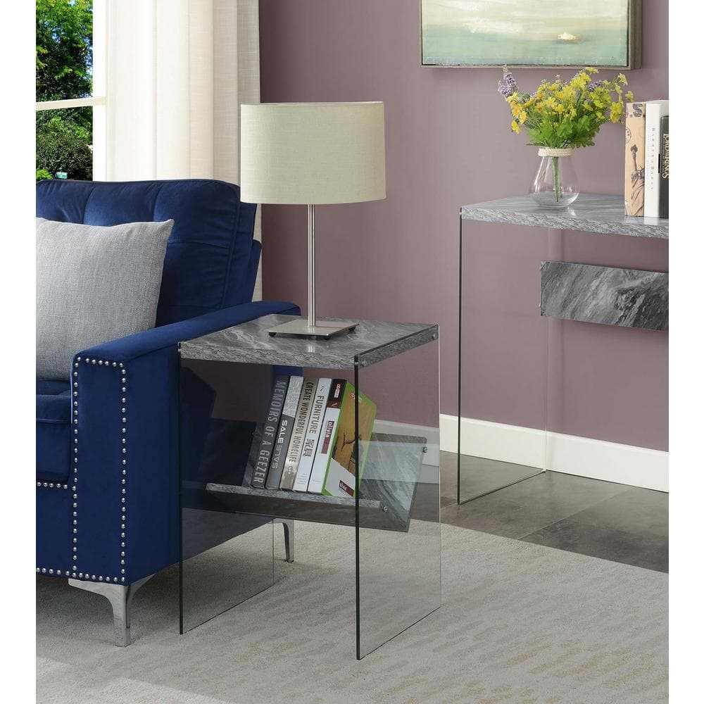 Soho Gray Marble Glass End Table with Lower Shelf