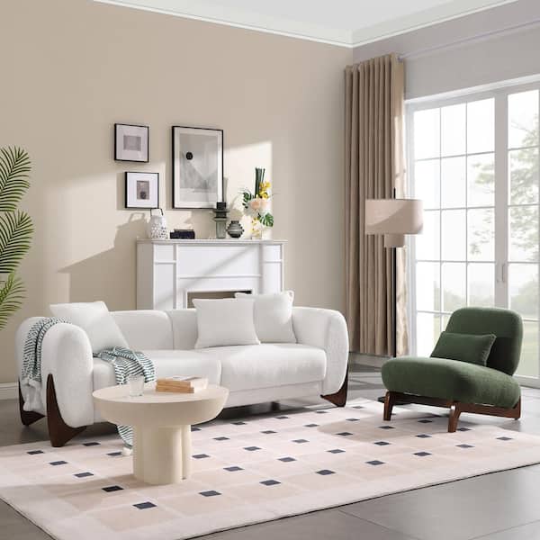 Morden Fort Luxury Cloud Couch 2-Piece White Teddy Velvet Sofa and Green Chair Living Room Set for Apartment