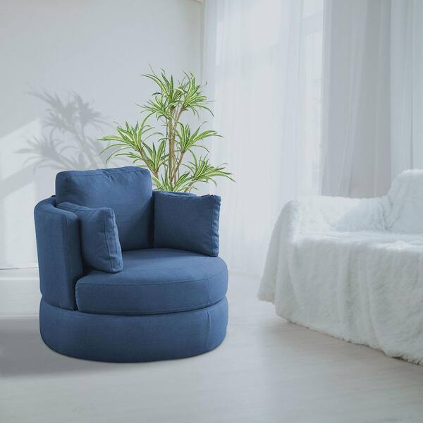 Blue Linen Fabric Barrel Chair Storage, Oversized Round Swivel Chair Blue