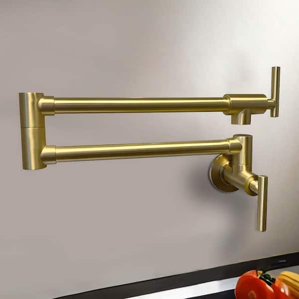 Wall Mount Pot Filler Faucet Double-Handle in Brushed Gold
