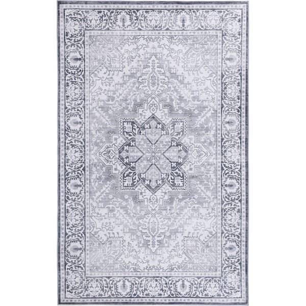 Eleanor Vintage Medallion Border Machine-Washable Ivory/Gray 8 ft. x 10 ft. Area Rug
