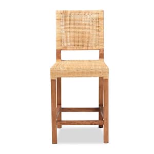 Lesia 40 in. Mahogany and Natural Rattan Low Back Wood Frame Counter Height Bar Stool