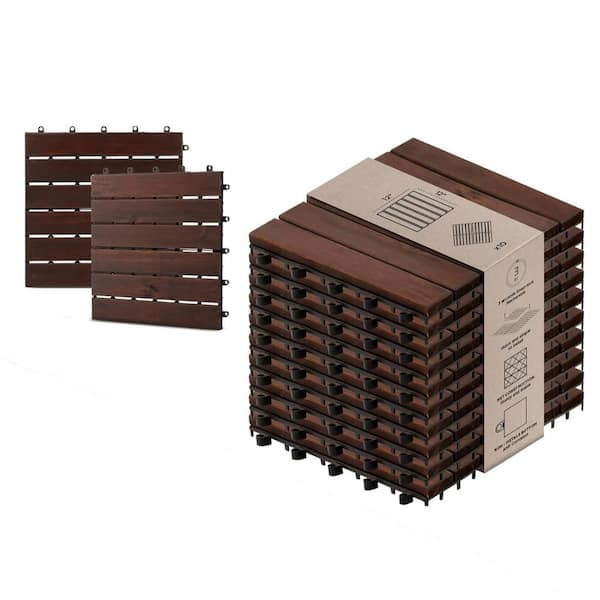 Afoxsos 1 ft. x 1 ft. Interlocking Acacia Wood Waterproof Deck Tiles in Dark Brown with Stripped Pattern-(10-Pack)