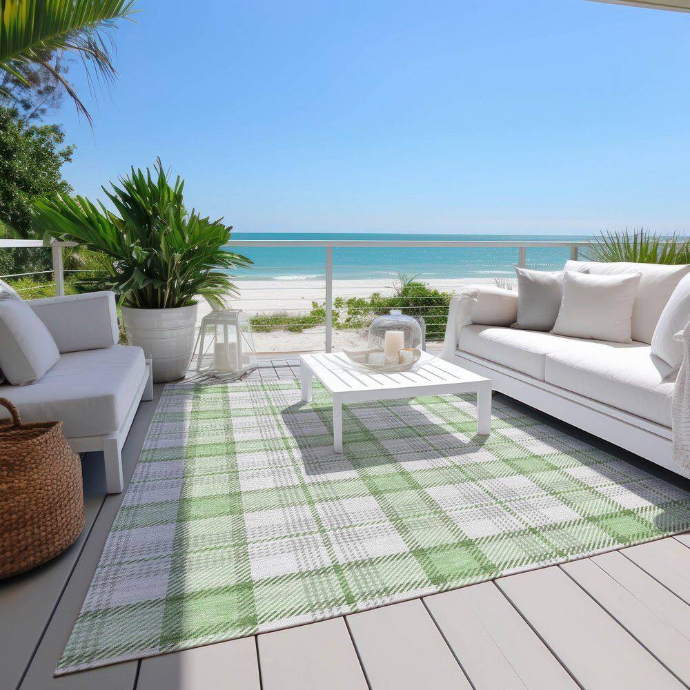 Mint Plaid Rectangular Machine-Washable Synthetic Rug 46" x 30"