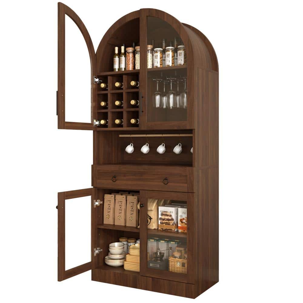 Walnut 70 in. Arched Accent Cabinet Office Storage Cabinet with 1 Adjustable Shelf and Tempered Glass Doors