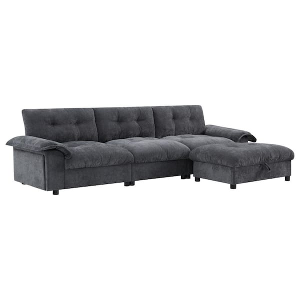 104 in. Unique Tufted Chenille L-Shape Sectional Sofa in Dark Gray with Dual-Port Charging, Cup Holder, Ottoman