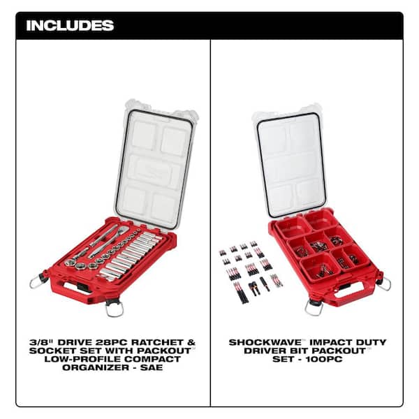 3/8 in. Drive SAE Ratchet and Socket Mechanics Tool Set and SHOCKWAVE Driver Bit Set with PACKOUT Cases (128-Piece)