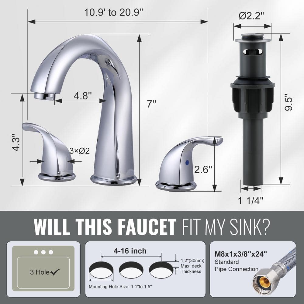 Polished Chrome 8-Inch Widespread Double Handle Bathroom Faucet