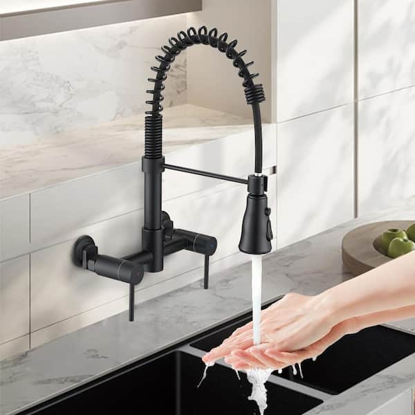 Double Handle Wall Mounted Sprayer Kitchen Faucet With Pull Down 3 Functions Bridge Faucets In Matte Black