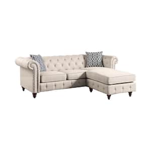 90 in. Rolled Arm 1-Piece Fabric L Shaped Sectional Sofa in Beige with Button Tufting