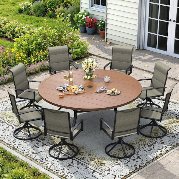 9-Piece Metal Outdoor Dining Set with 60 in. Walnut Round Table and 8 Brown Swivel Dining Chairs for 8 Person