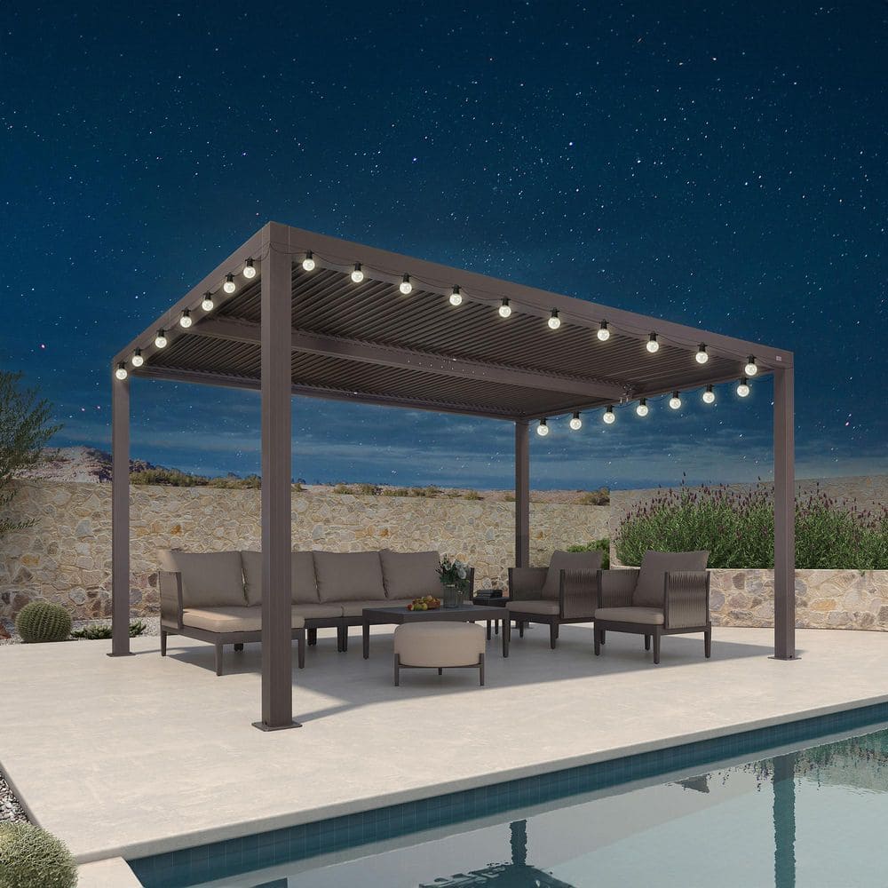 12 ft. x 14 ft. Bronze Aluminum Frame Outdoor Louvered Pergola with Adjustable Sunshade Roof and Solar String Lights price history on PriceWatchPro