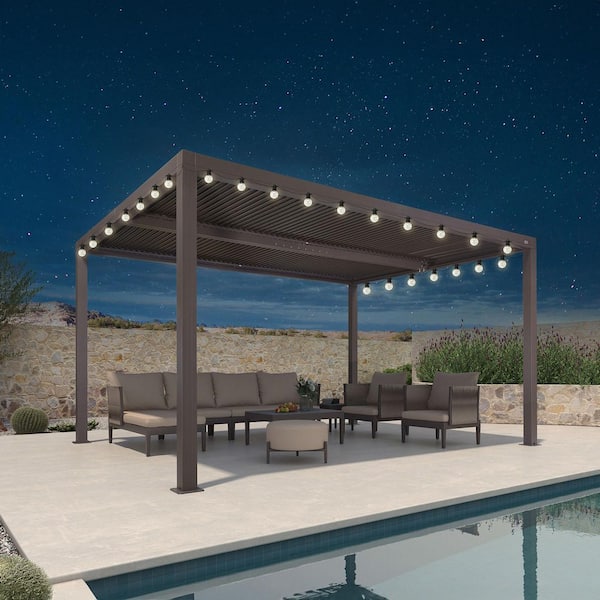 PURPLE LEAF 12 ft. x 14 ft. Bronze Aluminum Frame Outdoor Louvered Pergola with Adjustable Sunshade Roof and Solar String Lights