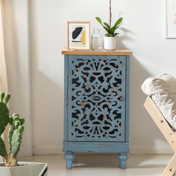 PHI VILLA 19 in. Blue Hollow-Carved MDF Modern Buffet Sideboard With Solid Wood Legs