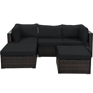 5-Pieces Rattan Patio Conversation Set Outdoor Furniture Set with Black Cushions