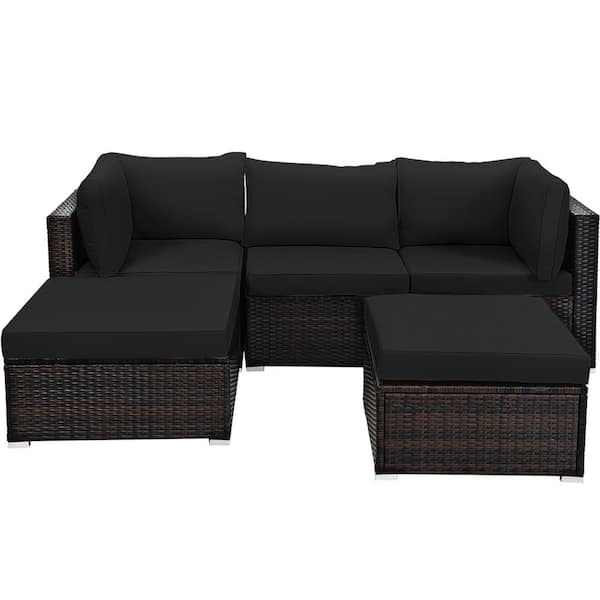 Gymax 5-Pieces Rattan Patio Conversation Set Outdoor Furniture Set with Black Cushions