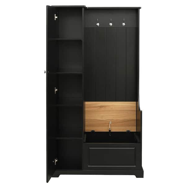 Black Entryway Hall Tree with Flip-Up Bench and Storage Cabinet