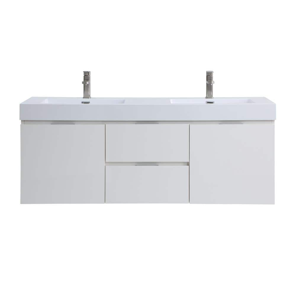 stufurhome Valeria 59 in. Wall Mounted Bathroom Vanity in Gloss White with Resin Vanity Top in White with Double White Basins -  AC-7511GW-59D