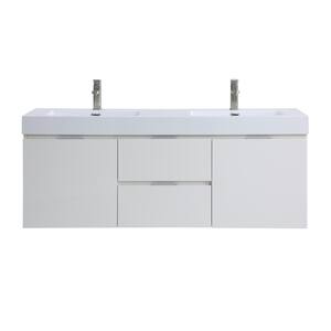 Valeria 59 in. Wall Mounted Bathroom Vanity in Gloss White with Resin Vanity Top in White with Double White Basins
