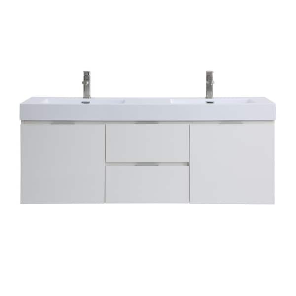 stufurhome Valeria 59 in. Wall Mounted Bathroom Vanity in Gloss White with Resin Vanity Top in White with Double White Basins