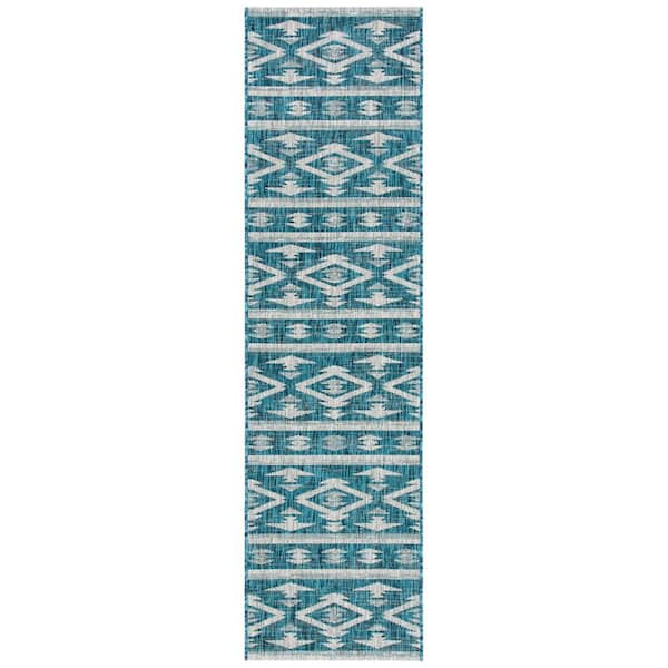 SAFAVIEH Courtyard Teal/Gray 2 ft. x 8 ft. Geometric Indoor/Outdoor Patio  Runner Rug