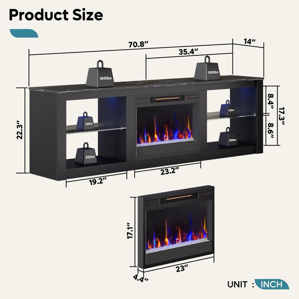 Black Modern Electric Fireplace TV Stand with LED Lights and Cabinet