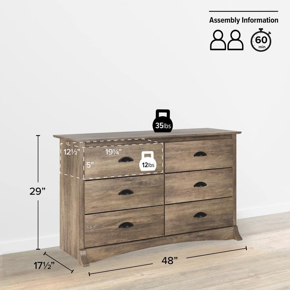 Coastal Gray 6-Drawer Double Dresser with Black Metal Handles