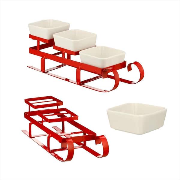 3.5 in. 10.87 fl. oz. White Ceramic Serving Bowl with Red Metal Santa Sleigh Serving Dish Tray for Christmas (Set of 4)