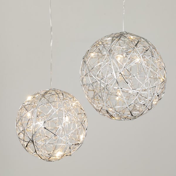 SULLIVANS 7 in. and 6 in. Lighted Silver Hanging Globes - Set of 2, Silver Christmas Ornaments