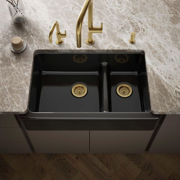 Whitehaven Smart Divide Farmhouse Apron-Front Cast Iron 36 in. Double Basin Kitchen Sink in Black