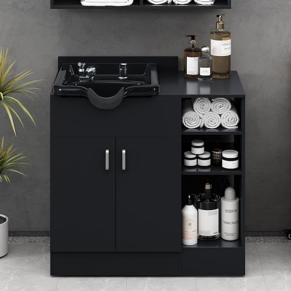 18.7 in. D x 35.4 in. W Freestanding Laundry Sink with Cabinet Black, Salon Station with Shampoo Bowl, Faucetr and Layer