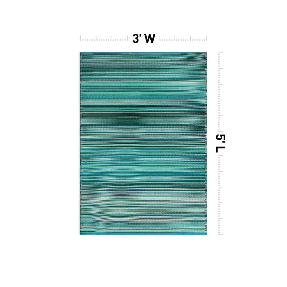 Blue Striped Reversible Synthetic Indoor/Outdoor Rug 3' x 5'