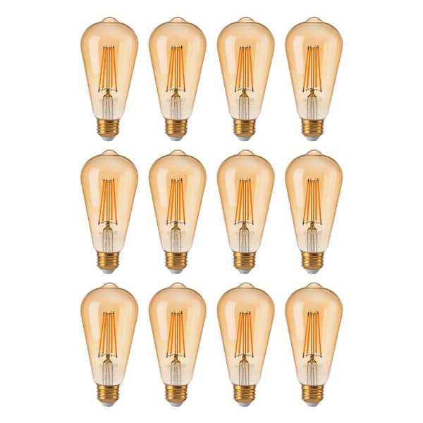 60-Watt Equivalent ST64 Dimmable Straight Filament Amber Glass Vintage Edison E26 LED Light Bulb, 2200K Warm (12-Pack)