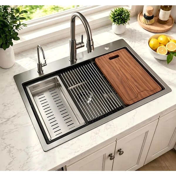 33 in. Drop-in 3-Hole Single Bowl 16-Gauge Gunmetal Black Stainless Steel Workstation Kitchen Sink with Full Accessories