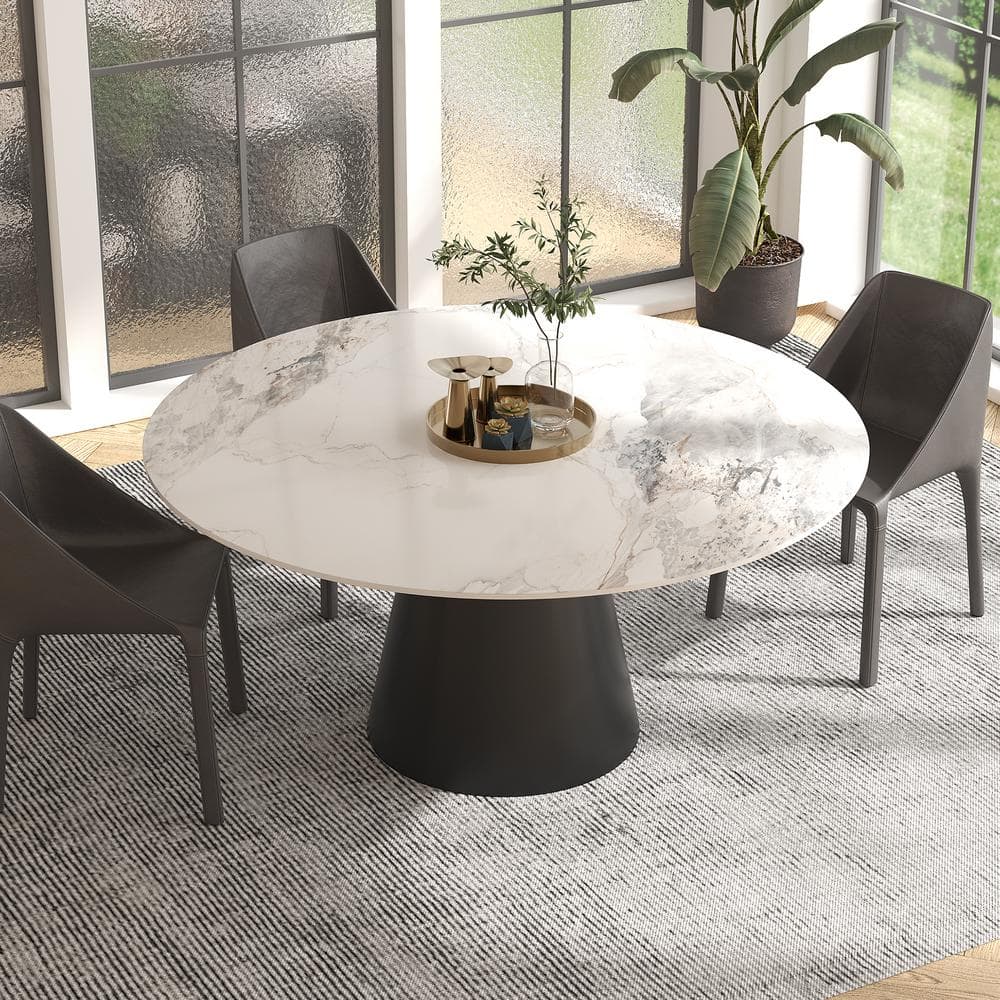 Modern Round White Chanel Rock Stone Tabletop 53.15 in. Black Titanium Stai