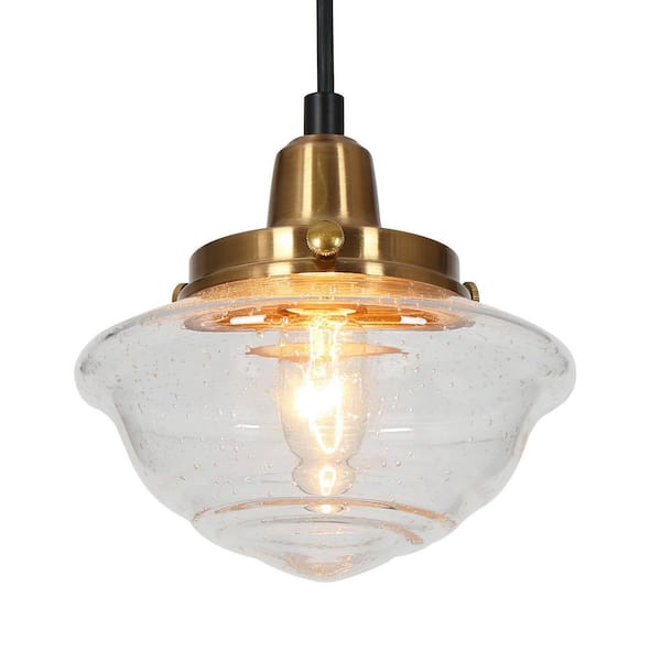 Modern Farmhouse 1-Light Matte Black and Polished Gold Mini Pendant Light with Seeded Schoolhouse Glass Shade